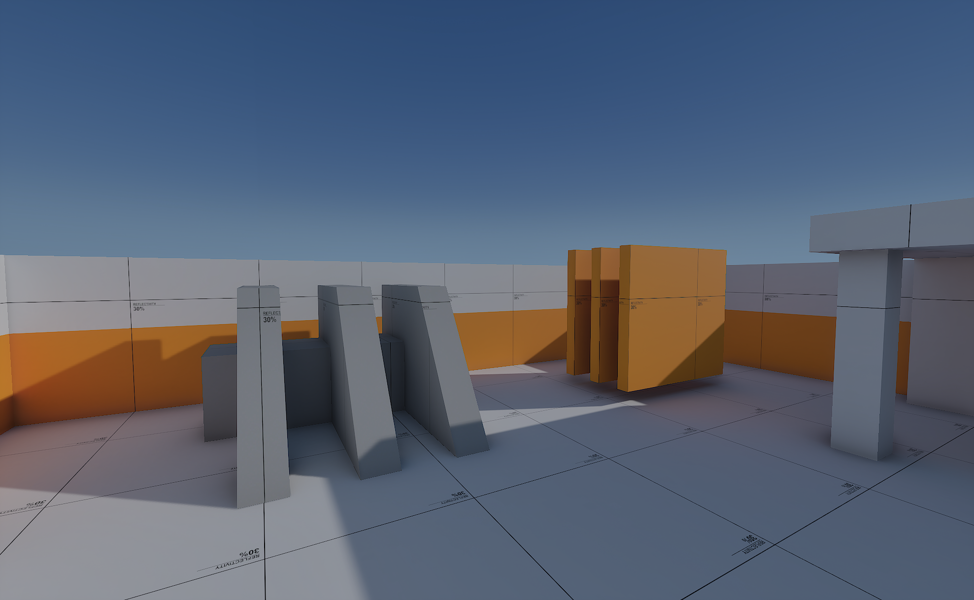 Spectral lighting and shadows on angled test structures and orange walls