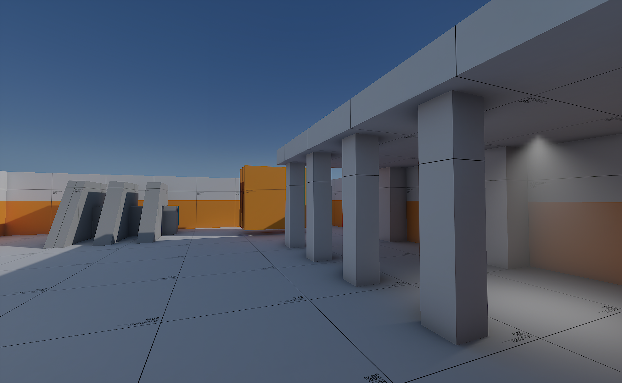 Spectral lighting across a test courtyard with columns and a covered walkway