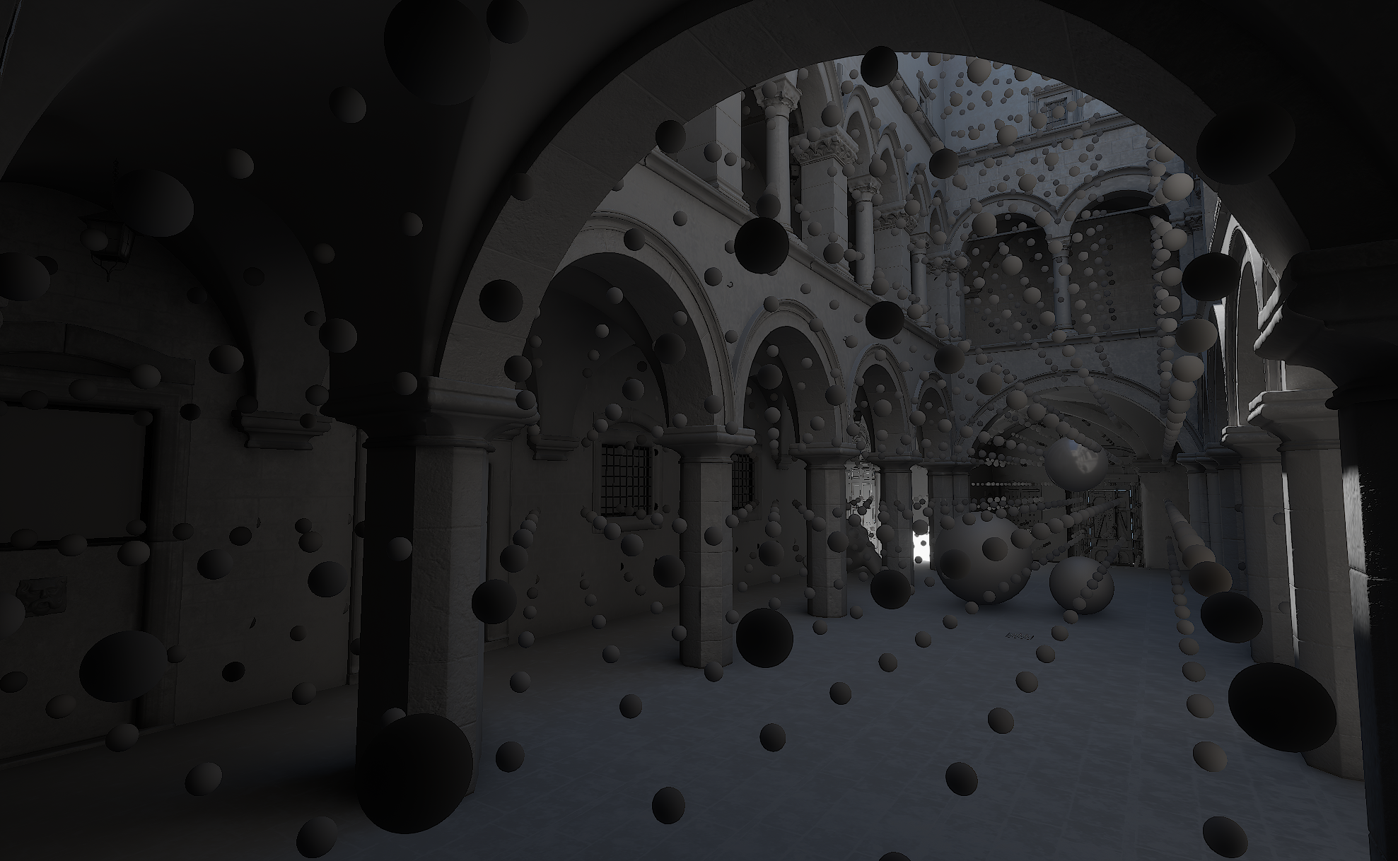 Spectral probe lighting visualization throughout a stone courtyard beneath an arch